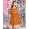 Arshiner Girls Tie Back Dress Puff Long Sleeve Formal Square Neck Party Tulle Dresses(Brown)
