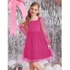 Arshiner Girls Tie Back Dress Puff Long Sleeve Formal Square Neck Party Tulle Dresses(Hot Pink)