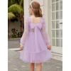 Arshiner Girls Tie Back Dress Puff Long Sleeve Formal Square Neck Party Tulle Dresses(Lilac)