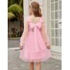Arshiner Girls Tie Back Dress Puff Long Sleeve Formal Square Neck Party Tulle Dresses(Pink)
