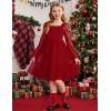 Arshiner Girls Tie Back Dress Puff Long Sleeve Formal Square Neck Party Tulle Dresses(Red)