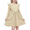 Arshiner Toddler Girl Dress Ruffle Ribbed Knit Long Sleeve A-Line Swing Fall Winter Bowknot Casual Dress with Pockets(Apricot)
