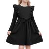 Arshiner Toddler Girl Dress Ruffle Ribbed Knit Long Sleeve A-Line Swing Fall Winter Bowknot Casual Dress with Pockets(Black)