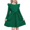 Arshiner Toddler Girl Dress Ruffle Ribbed Knit Long Sleeve A-Line Swing Fall Winter Bowknot Casual Dress with Pockets(Dark Green)