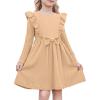 Arshiner Toddler Girl Dress Ruffle Ribbed Knit Long Sleeve A-Line Swing Fall Winter Bowknot Casual Dress with Pockets(Light Brown)