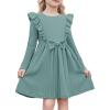 Arshiner Toddler Girl Dress Ruffle Ribbed Knit Long Sleeve A-Line Swing Fall Winter Bowknot Casual Dress with Pockets(Light Green)