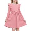 Arshiner Toddler Girl Dress Ruffle Ribbed Knit Long Sleeve A-Line Swing Fall Winter Bowknot Casual Dress with Pockets(Pink)