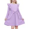 Arshiner Toddler Girl Dress Ruffle Ribbed Knit Long Sleeve A-Line Swing Fall Winter Bowknot Casual Dress with Pockets(Purple)