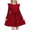 Arshiner Toddler Girl Dress Ruffle Ribbed Knit Long Sleeve A-Line Swing Fall Winter Bowknot Casual Dress with Pockets(Red)