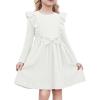 Arshiner Toddler Girl Dress Ruffle Ribbed Knit Long Sleeve A-Line Swing Fall Winter Bowknot Casual Dress with Pockets(White)
