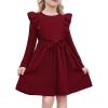Arshiner Toddler Girl Dress Ruffle Ribbed Knit Long Sleeve A-Line Swing Fall Winter Bowknot Casual Dress with Pockets(Wine Red)