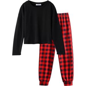 Arshiner Girls 2 Piece Outfits Kids Tie Dye Sweatsuits Set Long Sleeve Shirt and Pants Set Size 5-14 Y(Black Red Plaid)