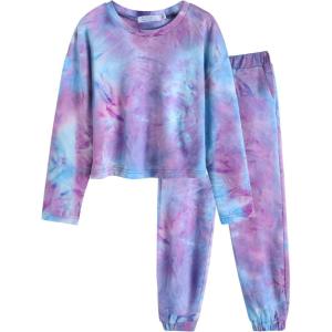Arshiner Girls 2 Piece Outfits Kids Tie Dye Sweatsuits Set Long Sleeve Shirt and Pants Set Size 5-14 Y(Blue&purple)