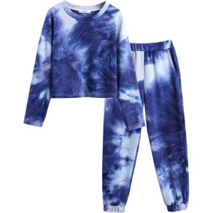 Arshiner Girls 2 Piece Outfits Kids Tie Dye Sweatsuits Set Long Sleeve Shirt and Pants Set Size 5-14 Y(Deep Blue)