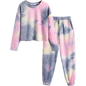 Arshiner Girls 2 Piece Outfits Kids Tie Dye Sweatsuits Set Long Sleeve Shirt and Pants Set Size 5-14 Y(Grey&pink)