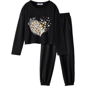Arshiner Girls 2 Piece Outfits Kids Tie Dye Sweatsuits Set Long Sleeve Shirt and Pants Set Size 5-14 Y(Leopard Heart)