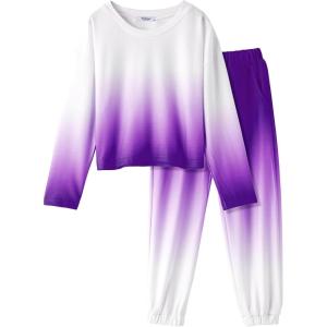 Arshiner Girls 2 Piece Outfits Kids Tie Dye Sweatsuits Set Long Sleeve Shirt and Pants Set Size 5-14 Y(Purple Gradient)