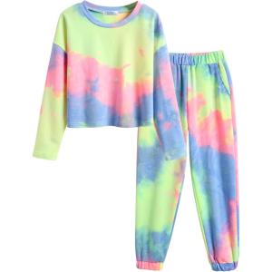 Arshiner Girls 2 Piece Outfits Kids Tie Dye Sweatsuits Set Long Sleeve Shirt and Pants Set Size 5-14 Y(Rainbow)