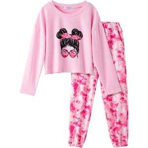 Arshiner Girls 2 Piece Outfits Kids Tie Dye Sweatsuits Set Long Sleeve Shirt and Pants Set Size 5-14 Y(Tie Dye Pink)