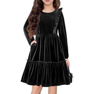 Arshiner Girls Dress Long Sleeve Ruffled Hem Casual Velvet Dress with Pockets 5-14 Years(Black)