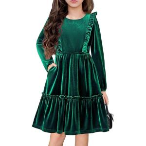 Arshiner Girls Dress Long Sleeve Ruffled Hem Casual Velvet Dress with Pockets 5-14 Years(Dark Green)