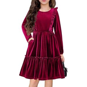 Arshiner Girls Dress Long Sleeve Ruffled Hem Casual Velvet Dress with Pockets 5-14 Years(Dark Red)