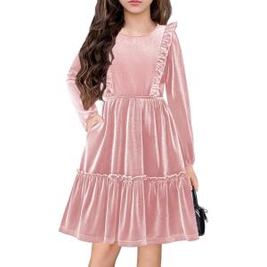Arshiner Girls Dress Long Sleeve Ruffled Hem Casual Velvet Dress with Pockets 5-14 Years(Light Pink)