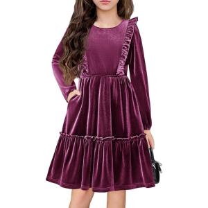 Arshiner Girls Dress Long Sleeve Ruffled Hem Casual Velvet Dress with Pockets 5-14 Years(Purple)