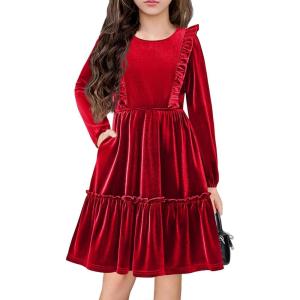 Arshiner Girls Dress Long Sleeve Ruffled Hem Casual Velvet Dress with Pockets 5-14 Years(Red)