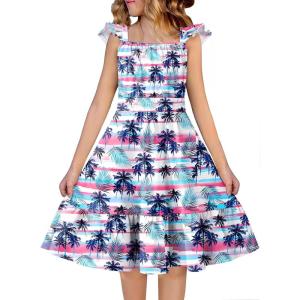 Arshiner Girls Dress Summer Casual Flutter Sleeve Tiered Midi Sundress with Pockets for 5-13 Years(Coconut Palm)