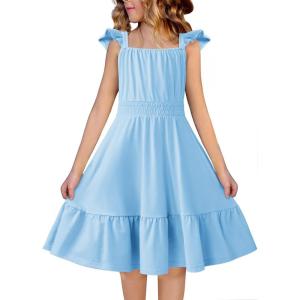 Arshiner Girls Dress Summer Casual Flutter Sleeve Tiered Midi Sundress with Pockets for 5-13 Years(Light Blue)