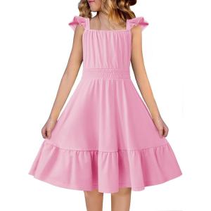 Arshiner Girls Dress Summer Casual Flutter Sleeve Tiered Midi Sundress with Pockets for 5-13 Years(Light Pink)