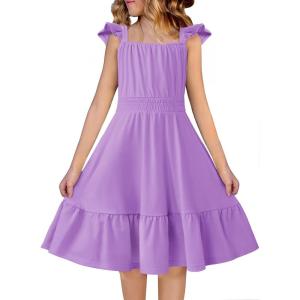 Arshiner Girls Dress Summer Casual Flutter Sleeve Tiered Midi Sundress with Pockets for 5-13 Years(Lilac)