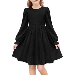 Arshiner Girls Knit Dresses Puff Long Sleeve Fall Winter Casual Holiday Sweater Dress with Pockets(Black)