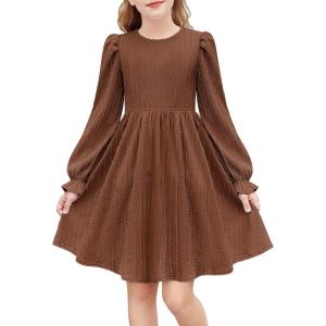 Arshiner Girls Knit Dresses Puff Long Sleeve Fall Winter Casual Holiday Sweater Dress with Pockets(Brown)