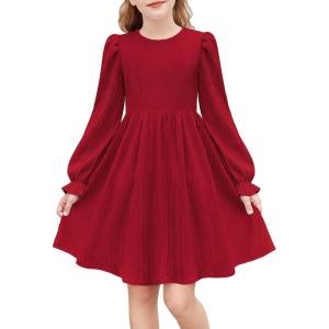 Arshiner Girls Knit Dresses Puff Long Sleeve Fall Winter Casual Holiday Sweater Dress with Pockets(Burgundy)