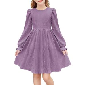 Arshiner Girls Knit Dresses Puff Long Sleeve Fall Winter Casual Holiday Sweater Dress with Pockets(Fuchsia)