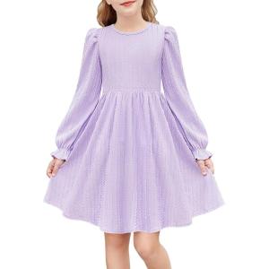 Arshiner Girls Knit Dresses Puff Long Sleeve Fall Winter Casual Holiday Sweater Dress with Pockets(Lilac)