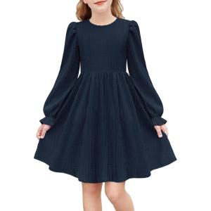 Arshiner Girls Knit Dresses Puff Long Sleeve Fall Winter Casual Holiday Sweater Dress with Pockets(Navy Blue)