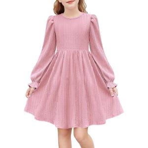 Arshiner Girls Knit Dresses Puff Long Sleeve Fall Winter Casual Holiday Sweater Dress with Pockets(Pink)