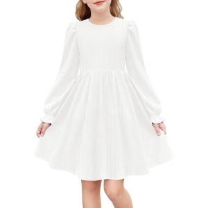 Arshiner Girls Knit Dresses Puff Long Sleeve Fall Winter Casual Holiday Sweater Dress with Pockets(White)