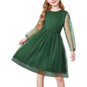 Arshiner Girls Mesh Dress Long Sleeve Tulle Sparkle Glitter Polka Dot Party Holiday Dresses Kids Clothes(Bright Green)