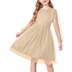 Arshiner Girls Mesh Dress Long Sleeve Tulle Sparkle Glitter Polka Dot Party Holiday Dresses Kids Clothes(Champagne)