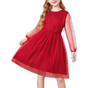 Arshiner Girls Mesh Dress Long Sleeve Tulle Sparkle Glitter Polka Dot Party Holiday Dresses Kids Clothes(Deep Red)