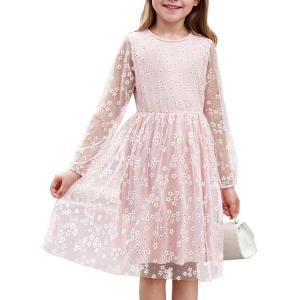 Arshiner Girls Mesh Dress Long Sleeve Tulle Sparkle Glitter Polka Dot Party Holiday Dresses Kids Clothes(Light Pink)