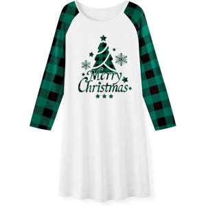 Arshiner Girls Nightgowns Cute Halloween Pajamas Dress Long Sleeve Nightdress Nighties(Christmas Green Plaid Tree)