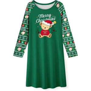 Arshiner Girls Nightgowns Cute Halloween Pajamas Dress Long Sleeve Nightdress Nighties(Christmas Green Teddy)