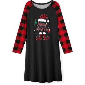 Arshiner Girls Nightgowns Cute Halloween Pajamas Dress Long Sleeve Nightdress Nighties(Christmas Red Plaid Santa)