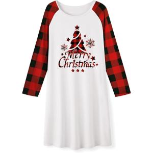 Arshiner Girls Nightgowns Cute Halloween Pajamas Dress Long Sleeve Nightdress Nighties(Christmas Red Plaid Tree)
