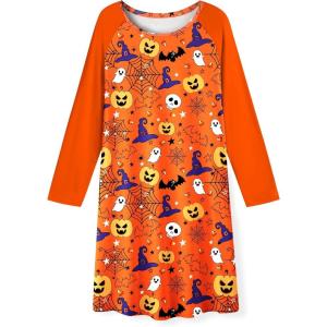 Arshiner Girls Nightgowns Cute Halloween Pajamas Dress Long Sleeve Nightdress Nighties(Halloween Orange)